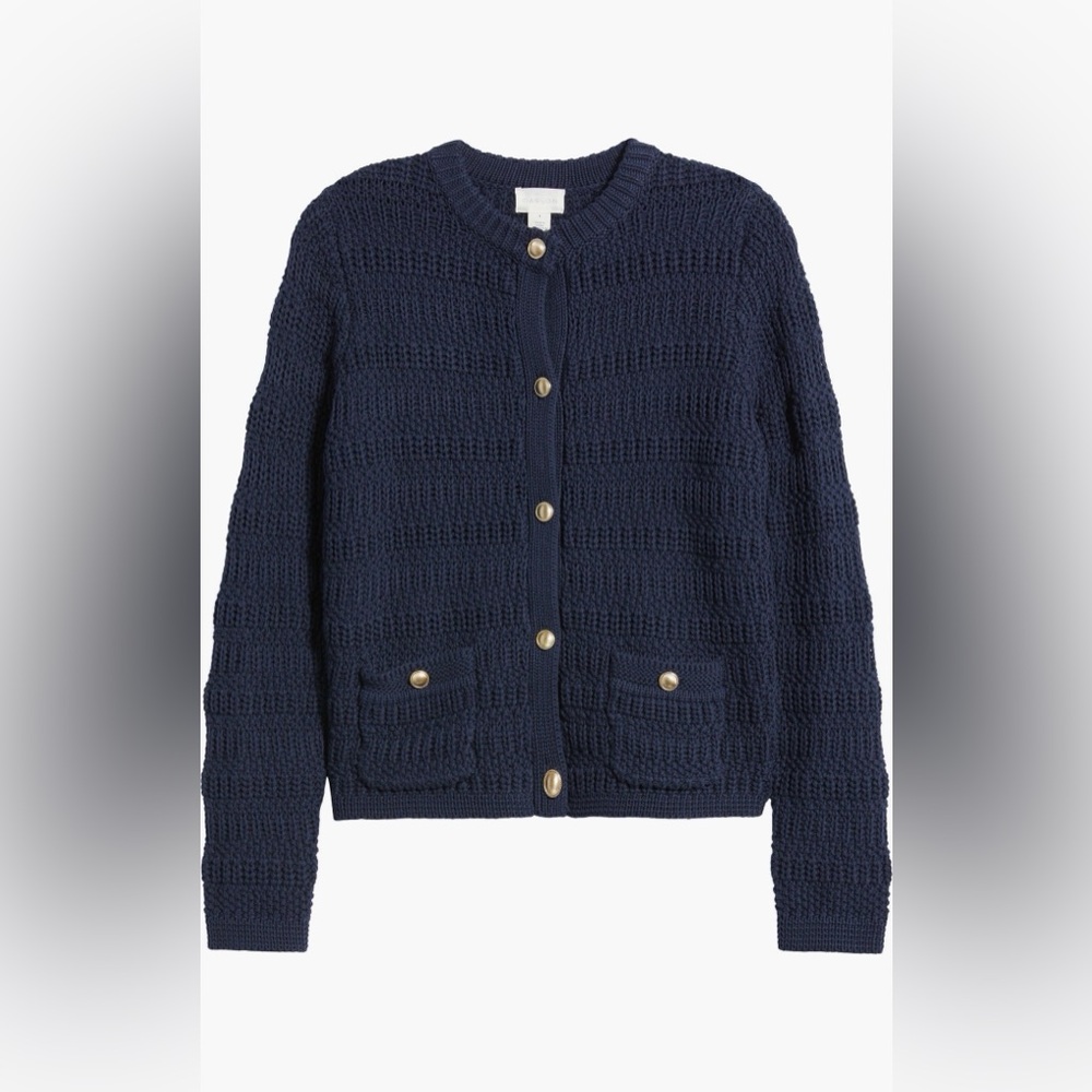 NWOT Caslon Textured Sweater Jacket with Gold Buttons Navy Still Blue Size Small